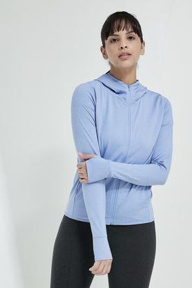 solid polyester stretch hood women's jacket - powder blue