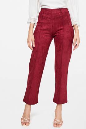 solid polyester tapered fit women's pants - maroon