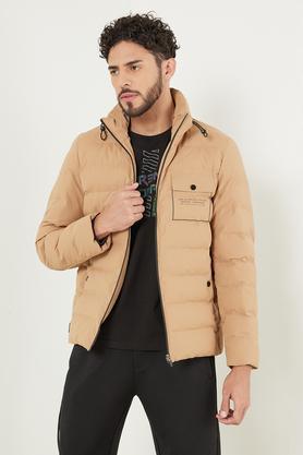 solid polyester turtle neck men's casual jacket - natural
