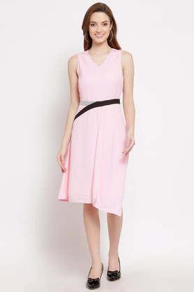 solid polyester v neck women's knee length dress - rose pink