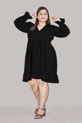 solid polyester v-neck women's knee length dress - black
