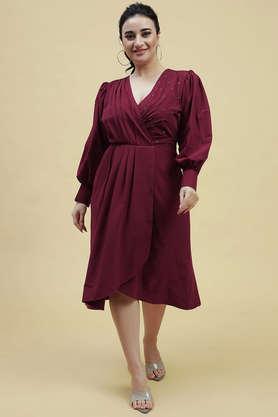 solid polyester v-neck women's knee length dress - maroon
