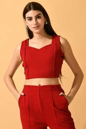 solid polyester v-neck women's top - red