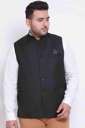 solid polyester viscose regular fit men's occasion wear nehru jacket - black