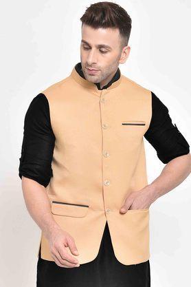 solid polyester viscose regular fit men's occasion wear nehru jacket - natural