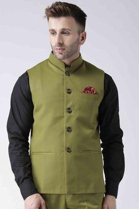 solid polyester viscose regular fit mens occasion wear nehru jacket - green