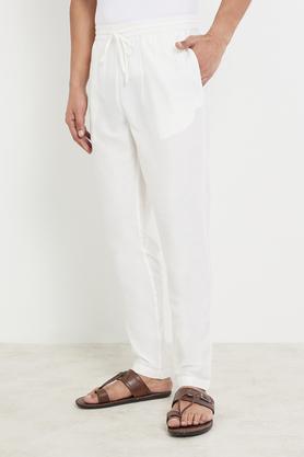 solid polyester viscose slim fit men's festive wear pyjamas - off white