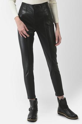 solid pu slim fit women's casual pants - black