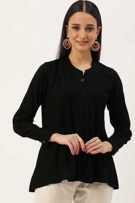 solid rayon collar neck women's casual wear tunic - black