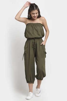 solid rayon regular fit women's jumpsuit - olive