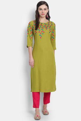 solid rayon round neck women's casual wear kurti - green