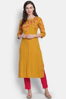 solid rayon round neck women's casual wear kurti - mustard