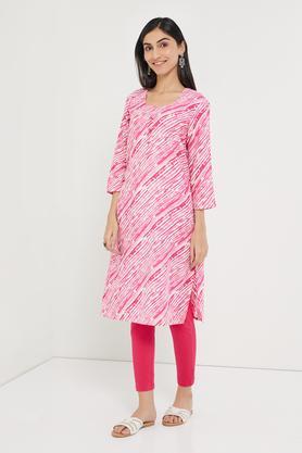 solid rayon round neck women's kurti - pink