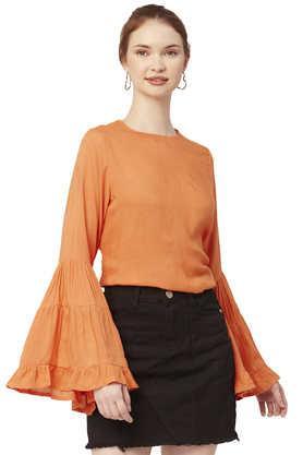 solid rayon round neck women's top - coral