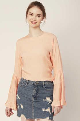 solid rayon round neck women's top - peach