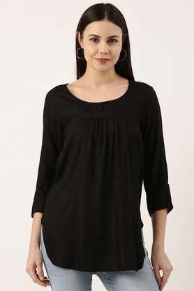 solid rayon round neck women's tunic - black