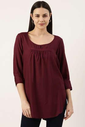 solid rayon round neck women's tunic - wine