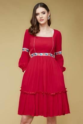 solid rayon square neck women's dress - red