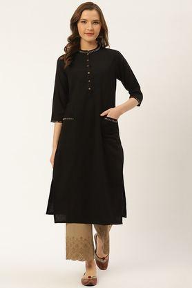 solid rayon v-neck women's casual wear kurti - black