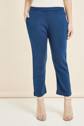 solid regular acrylic women's casual wear pants - blue