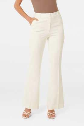 solid regular fit blended fabric women's casual wear pants - white