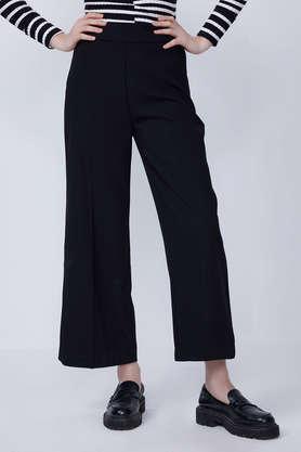 solid regular fit blended fabric women's casual wear trouser - black
