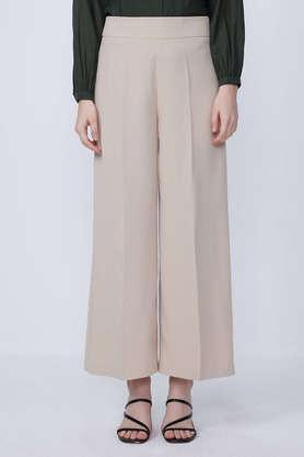 solid regular fit blended fabric women's casual wear trouser - natural