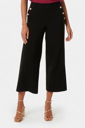 solid regular fit blended fabric women's formal wear pants - black