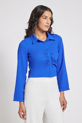 solid regular fit cotton blend women's casual wear top - blue