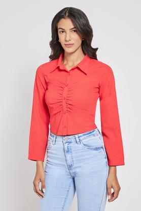 solid regular fit cotton blend women's casual wear top - orange