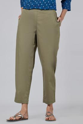 solid regular fit cotton lycra women's casual pants - olive