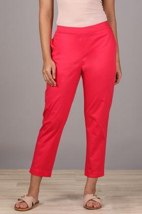 solid regular fit cotton lycra women's casual pants - pink