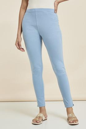 solid regular fit cotton lycra women's casual wear pants - dusty blue
