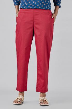 solid regular fit cotton lycra womens casual pants - red