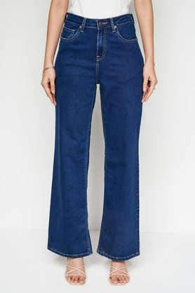 solid regular fit cotton women's casual wear pant - dark blue