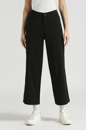solid regular fit cotton women's casual wear pants - black