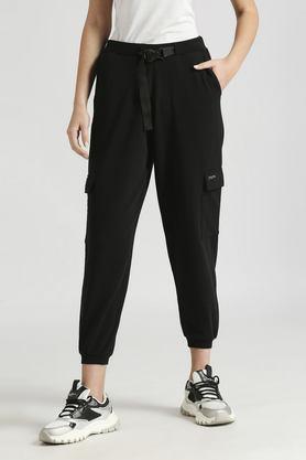 solid regular fit cotton women's casual wear pants - black