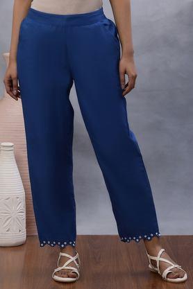 solid regular fit cotton women's casual wear pants - blue
