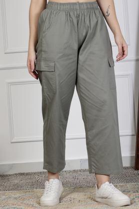 solid regular fit cotton women's casual wear pants - grey
