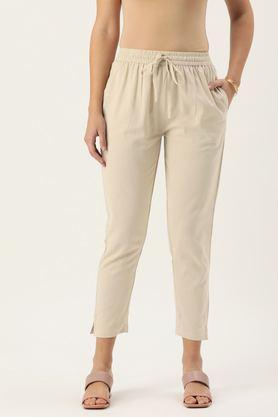 solid regular fit cotton women's casual wear pants - natural