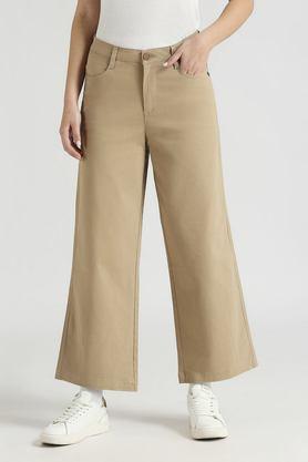 solid regular fit cotton women's casual wear pants - natural