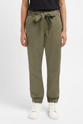 solid regular fit cotton women's casual wear pants - olive