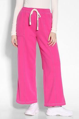 solid regular fit cotton women's casual wear pants - pink
