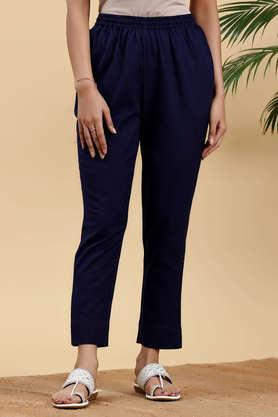 solid regular fit cotton women's casual wear trousers - navy