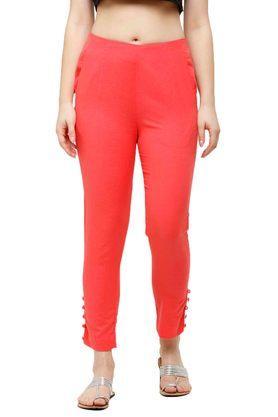 solid regular fit cotton womens casual wear pants - coral