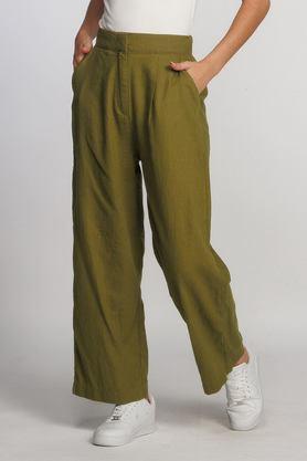 solid regular fit linen women's casual wear pants - olive