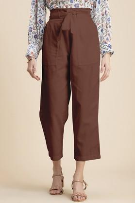 solid regular fit linen women's casual wear trouser - brown