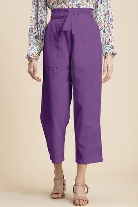 solid regular fit linen women's casual wear trouser - purple