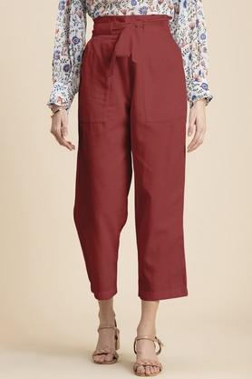 solid regular fit linen women's casual wear trouser - red