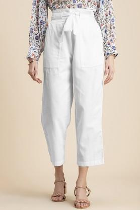 solid regular fit linen women's casual wear trouser - white